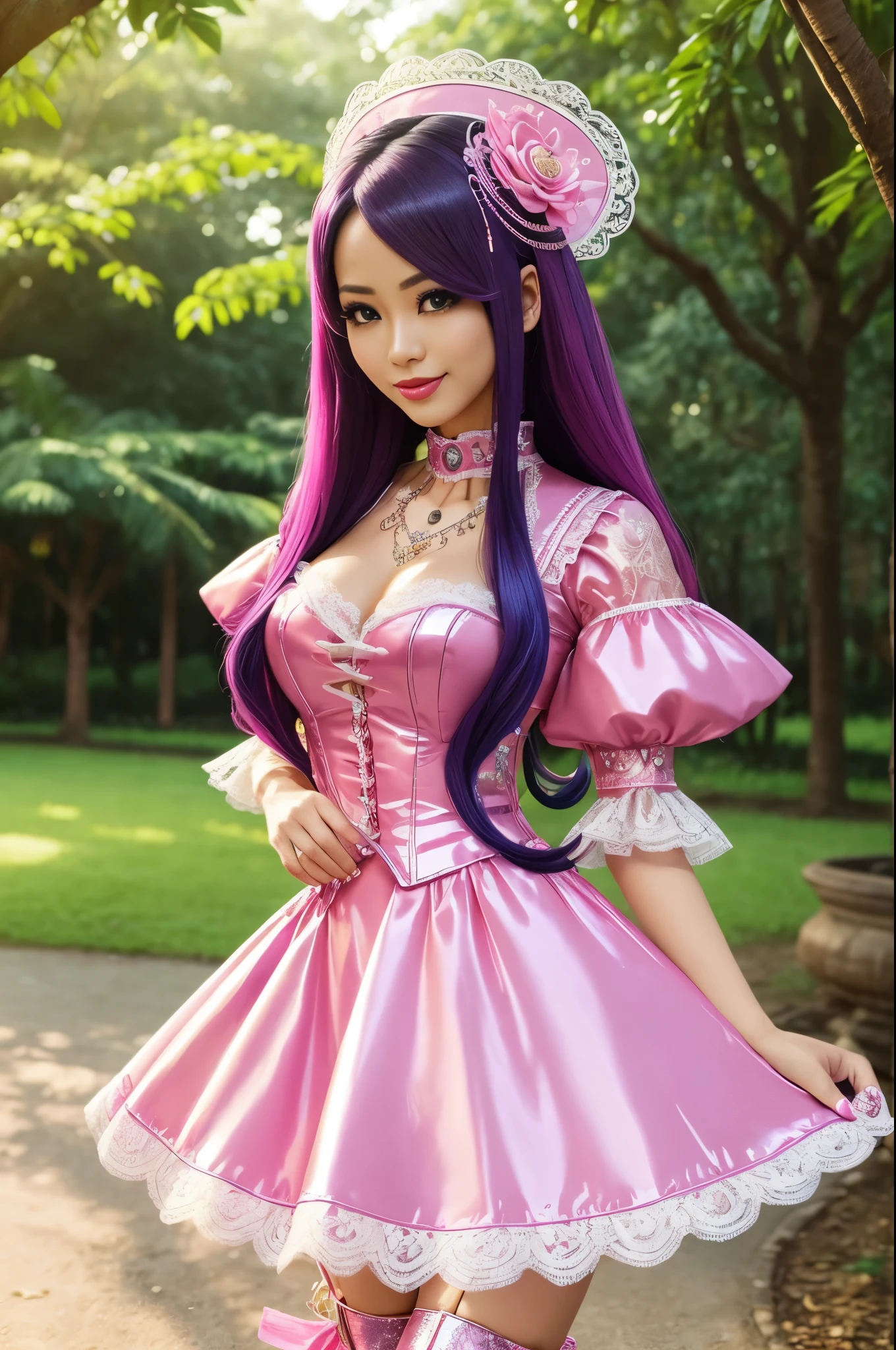 sexy stylish Thai model, only 1 female, long neon pink stylish hair, ((shiny Victorian-Style boots)), beautiful smile, ultra detailed eyes, vivid eye makeup, lipgloss, long lashes, defined eyebrows, ((sexy Paradise Kiss cosplay)), bell-shaped skirt, petticoats, high neckline, puffed sleeves, (( ultra detailed lace)), ((ultra detailed embroidery)), intricate details, Paradise Kiss accessoires and matching headpiece, choker, ((large sparkling Paradise Kiss jewelry)), cinematic light, detailed large park background with trees