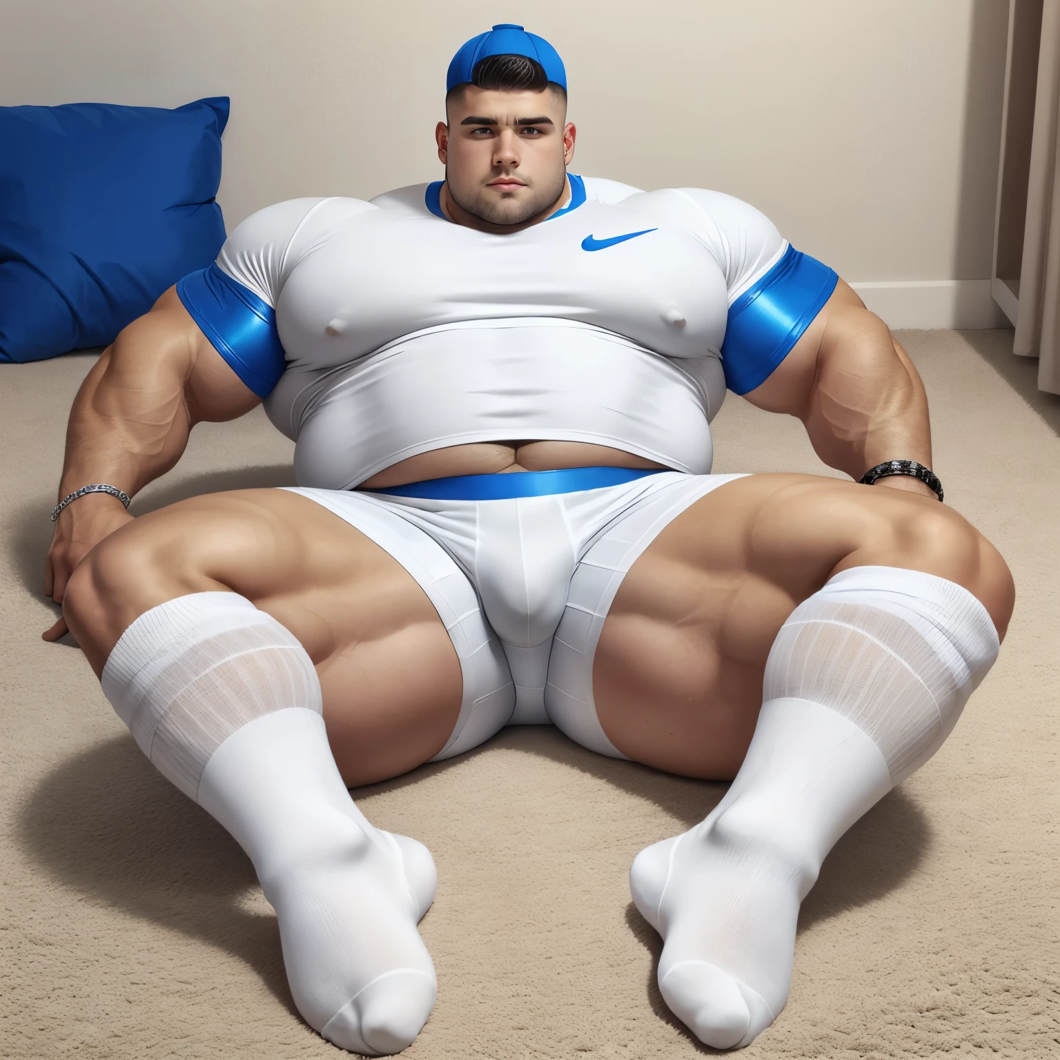 full body, a young chubby fat white european handsome guy with short clean shaved undercut haircut, with a round huge belly, no abs, wearing metallic-blue shiny rubber shirt, white Nike lycra shorts, long white high soccer socks, no shoes, white Nike cap, silver chunky chains, bracelets, rings, lying on the floor in his white long socks, arrogantly looking at us, showing off and pointing his socks, in a sparsely furnished and dirty room