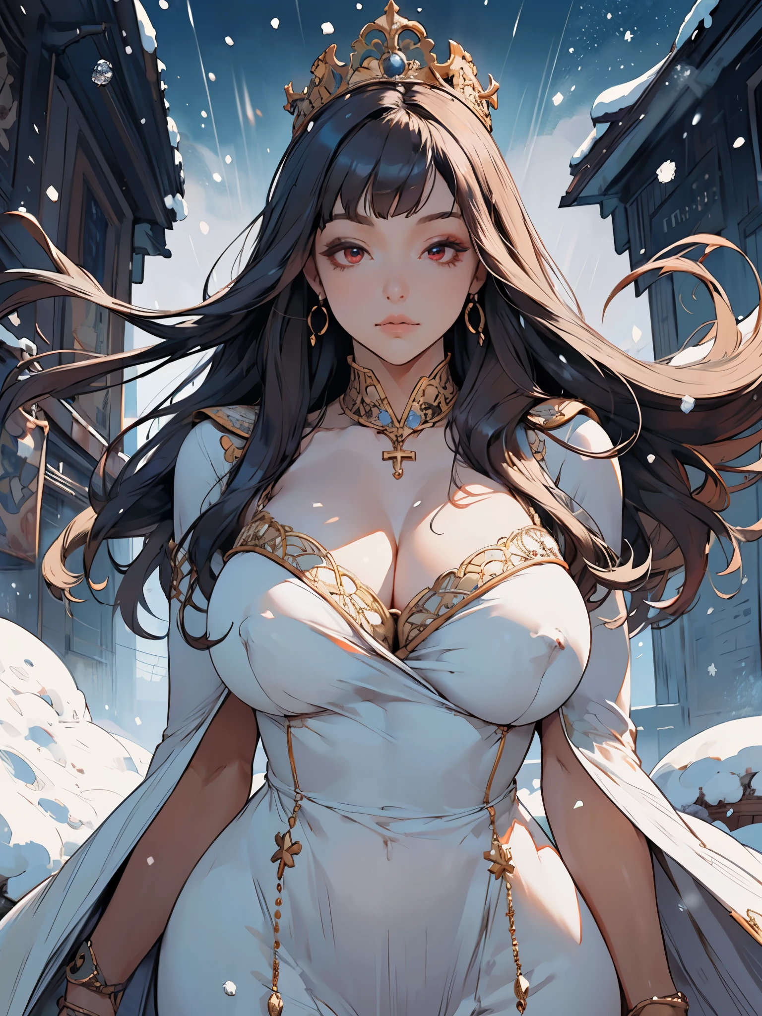 1girl, long straight hair, bangs, snow rain, snow falls, winter dress, (gigantic breasts), fur-trimmed, sailor collar, hand on chest, detailed face, looking at viewer, detailed eyes, sparkling eyes, calm vibes, galaxy-colored-hair, intricate filigree crown golden dress, red eyes,