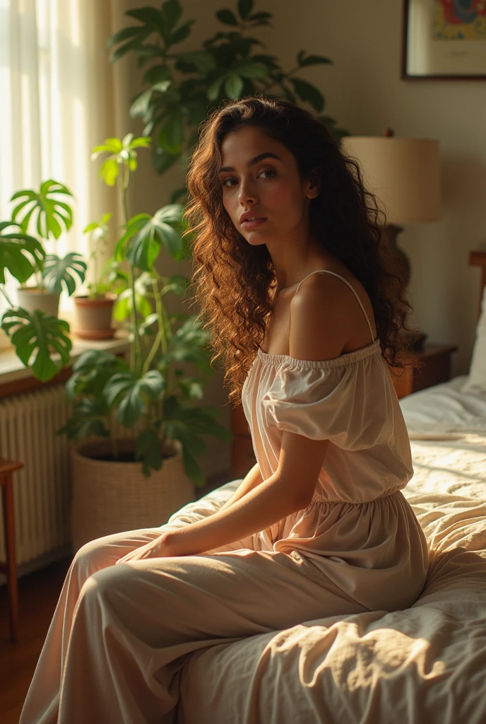 (photorealism:1.2), beautiful woman, sitting on bed, wearing loose off-shoulder top, pajama pants, long curly hair, indoors, soft lighting, plants in background, window with sunlight, cozy room, relaxed pose, realistic, intricate details, warm colors, by Greg Rutkowski, by Alphonse Mucha