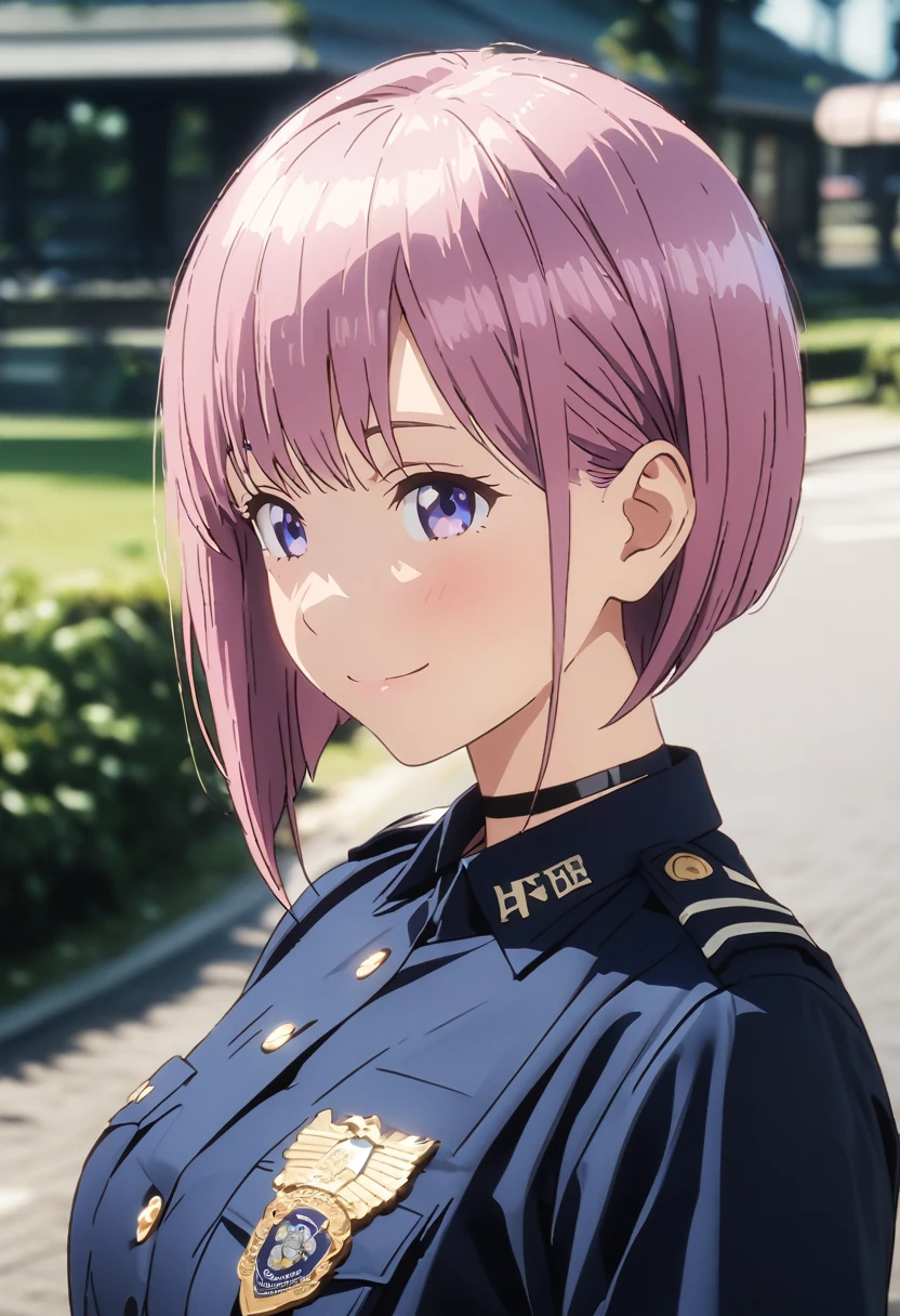 (Highest quality, 4K, 8k, High resolution, masterpiece:1.2), Very detailed, Picturesque, Anime style photo, Photo Anime:1.37)、Japanese、(Pink pixie cut)、smile、Police Officer Uniform、Black choker、whole body、ichika nakano