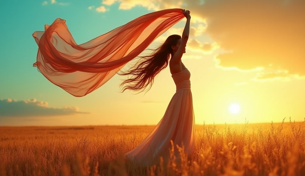 Background with vibrant colors. The main color is a soft gold tone, teal, Orange, And purple. The focus is on a woman standing in a field, seen from the side, Holding something big, Very long, A wide scarf fluttering in the wind above her head. Her hair is long and flowing in the wind . Hyper picture realistic. Large land, Typography, picture, conceptual art, painting, illustration, fashion, 3D rendering, portrait picturegraphy, cinematic, dark fantasy, Same width as the original,
