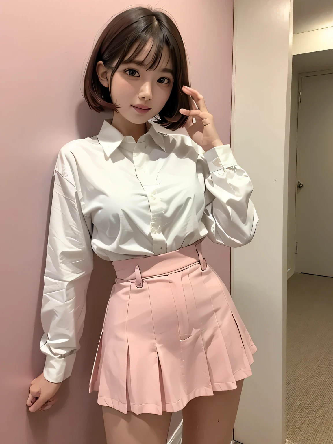 (Highest quality、8k、32K、masterpiece、Hmph:1.2)、Pink Wall、sexy、Age 25、Cute Japan woman photo、Twin tails、sexy、thin、slender、(Bobcut)、(Small breasts)、double eyelid、White shirt、Red tie、Red mini skirt、Thighs、Pink wall、whole body、smile、sexy、Thighsが見える
