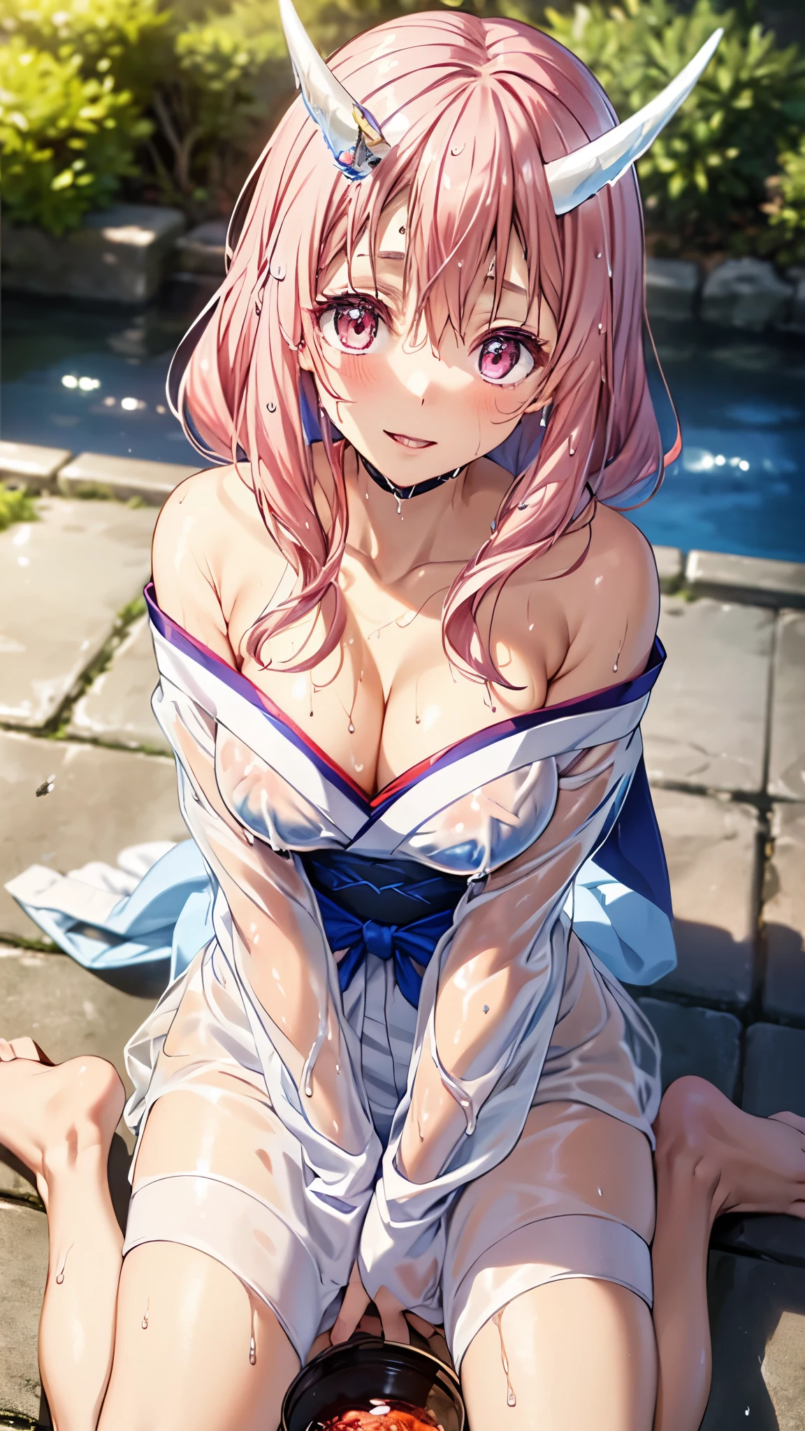from above,Near the well,Bucket of water,white kimono,(see through ,wet:1.7),off shoulder,cleavage,long hair,pink hair,pink eyes,(2horns),smile,(bottomless:1.5),blush,sitting,(wariza:1.5),masterpiece,Noise Reduction,perfect anatomy,high resolution, ultra-detailed, ultra-detailed face,game cg,dutch angle ,beautiful detailed eyes,visualart,five fingers, perfect hands, perfect lighting, sparkling pupils,