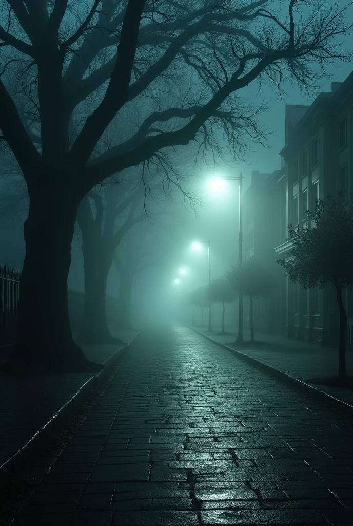 A dark street with trees and fog
With a title placed called Between Lights and Shadows