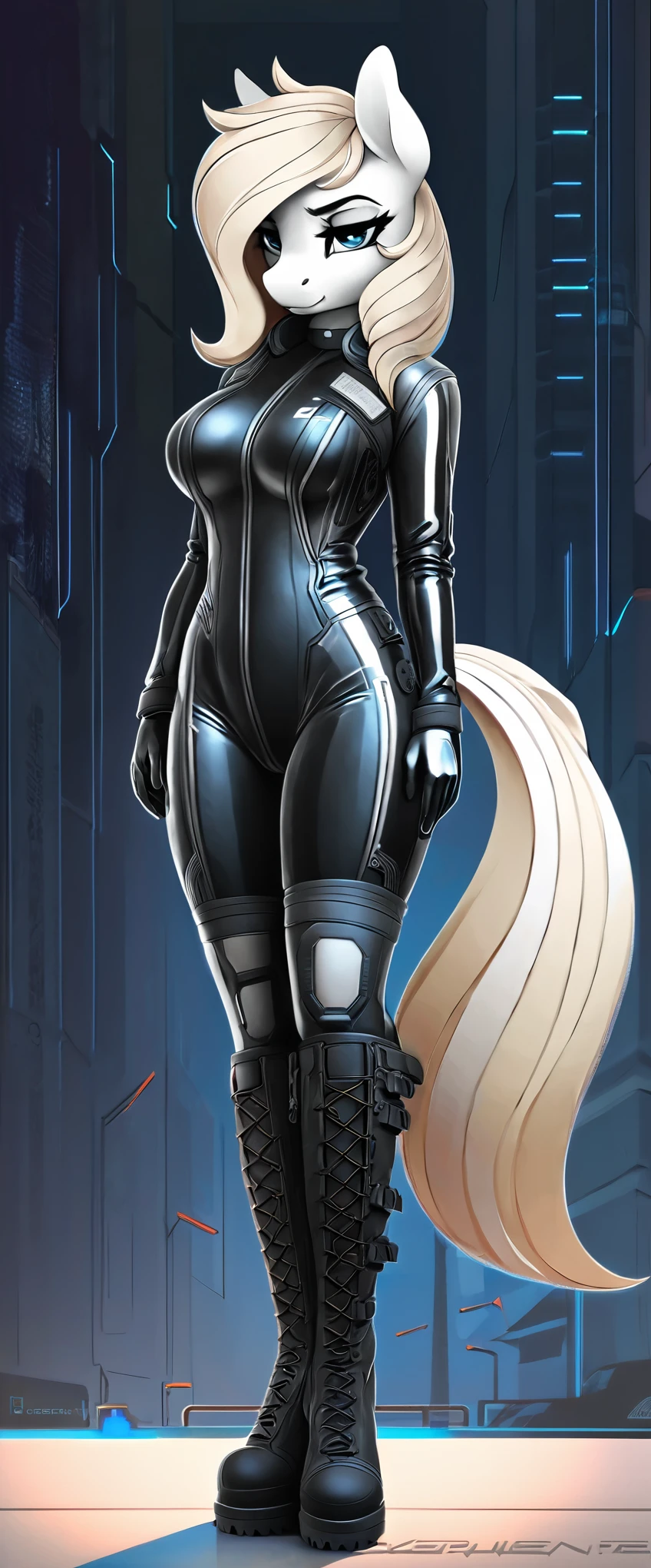 a ((full body)) cartoon picture of an anthropomorphic (((pony:0.9))), cyberpunk style, (((shiny latex cyberpunk bodysuit:1.0))), (((techwear jacket on top:0.9))), (((calf-high boots))), generic MLP style, professional drawing, female anthro pony, medium breasts, frowning, (((semi realistic cream white fur))), (((detailed eyes:1.0))), bold colored cyberpunk mane and tail.