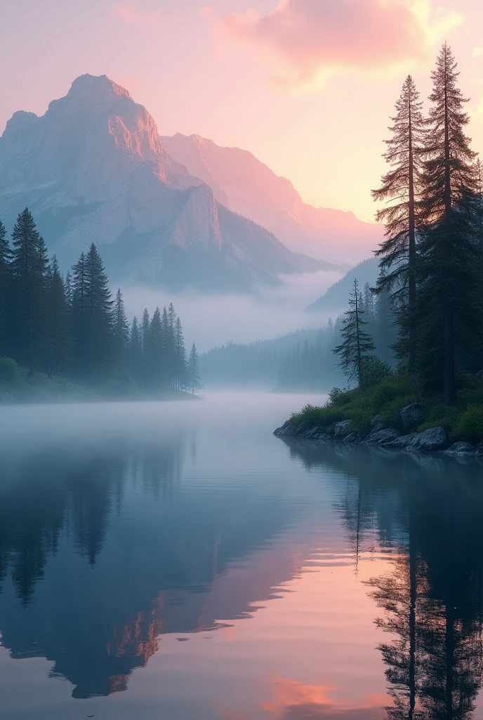 Images of calm landscapes, like mountains at dawn, A serene lake, or a peaceful forest, that evoke peace and tranquility.