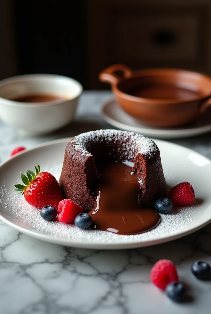 "A decadent chocolate dessert displayed on an elegant white plate. The centerpiece is a rich, molten lava chocolate cake, oozing with warm, gooey chocolate as it is cut open. Surrounding the cake are fresh berries—strawberries, raspberries, and blueberries—adding vibrant color and a juicy contrast to the deep, dark chocolate. A light dusting of powdered sugar and a drizzle of dark chocolate sauce elegantly frame the dessert. The background is a smooth marble surface with soft, moody lighting, creating an indulgent and luxurious atmosphere."