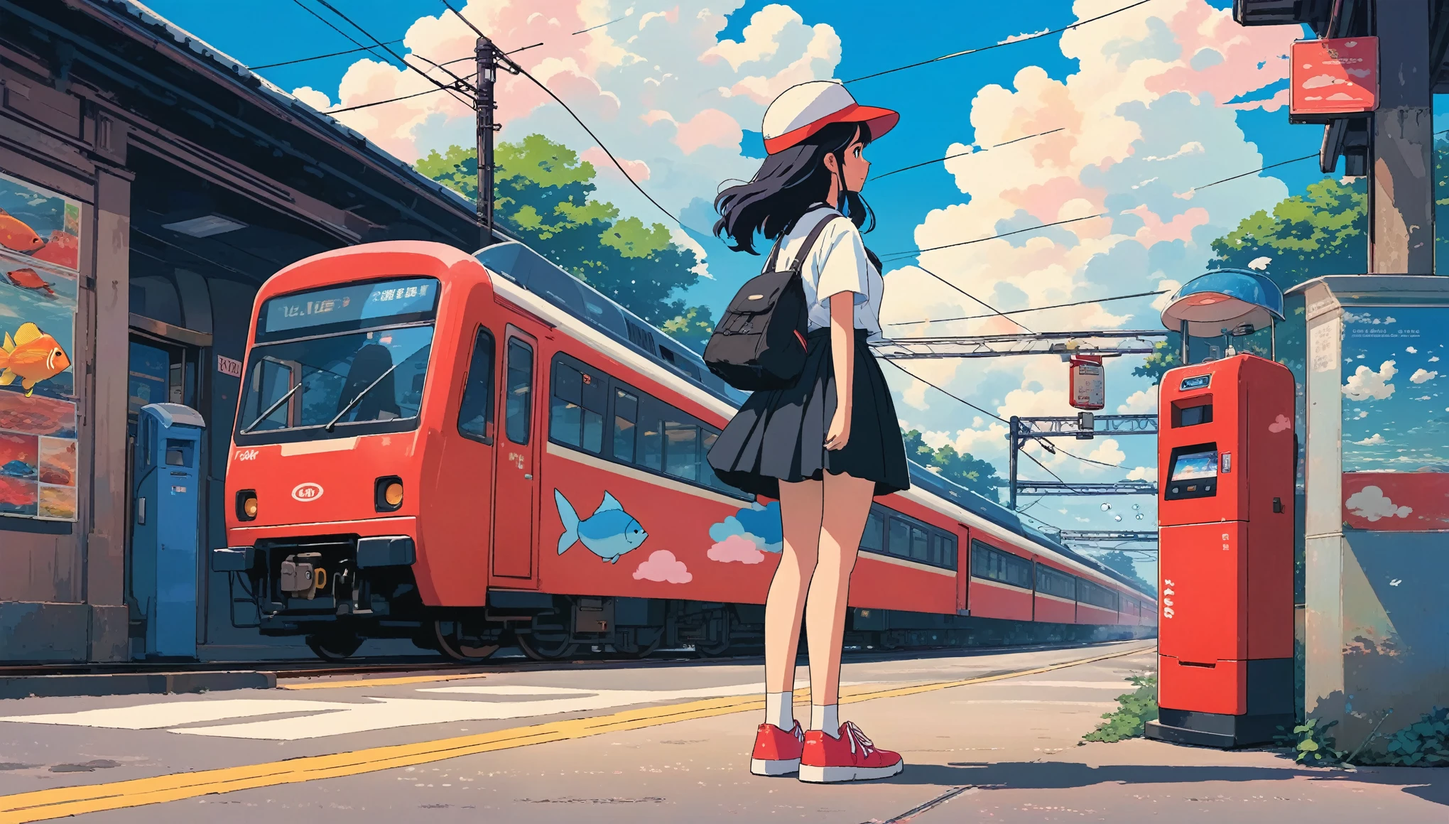 alone, lofi artstyle, lofi art, city, town, 80s anime style, Retro, Lo-Fi, masterpiece, best quality, (extremely detailed CG unity 8k wallpaper), (best quality), (best illustration), (best shadow), absurdres, realistic lighting, (Abyss), beautiful detailed glow, 1girl, solo, long hair, skirt, shirt, black hair, hat, holding, standing, white shirt, short sleeves, outdoors, sky, shoes, cloud, black skirt, bag, from behind, blue sky, arms behind back, ground vehicle, red footwear, headwear removed, fish, bubble, wide shot, power lines, train, vending machine, train station