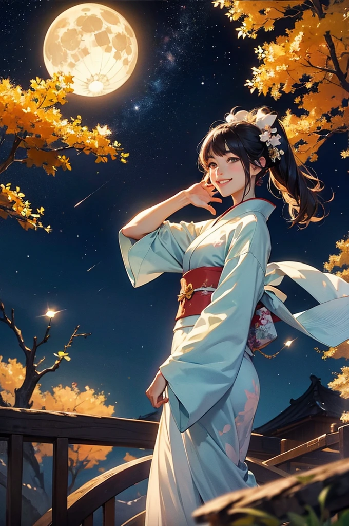 A beautiful woman in a kimono is enjoying the starry night of the full moon, looking at us with a smile.