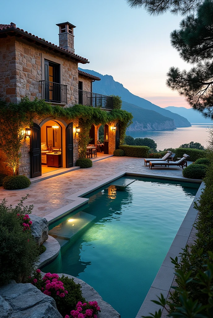 Create a beautiful villa with a pool, also overlooking a lake in Italian style. The villa should have a stone look and be already illuminated, but very elegant and classic and luxurious And then of it in the house of the living room with a beautiful couch outside view of the sea in the same style
