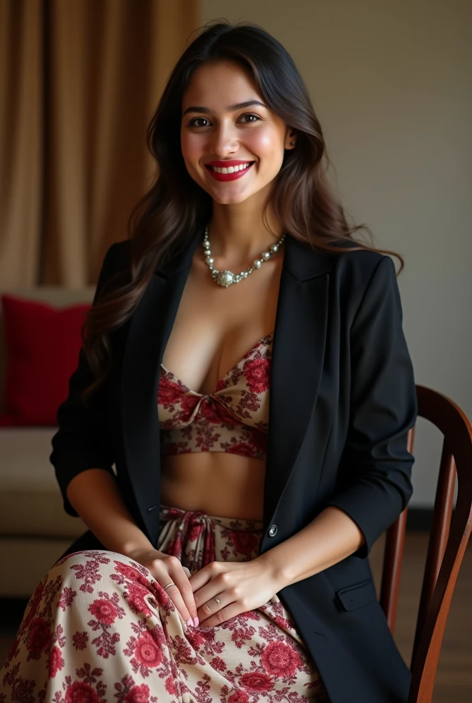 A smiling woman african arabic a long brown hair , 18 years old , downDress very much low waist(30cm),Bloated stomach,Length(1.9),pubic saree low ,Sagging, She wears a black blazer over a floral top, and a simple necklace complements her look, Her bright red lipstick and warm expression convey confidence and approachability ,naked pussy hairy pubic area A picture from the back of her looking at the camera, sitting in a chair with her butt open and her saree