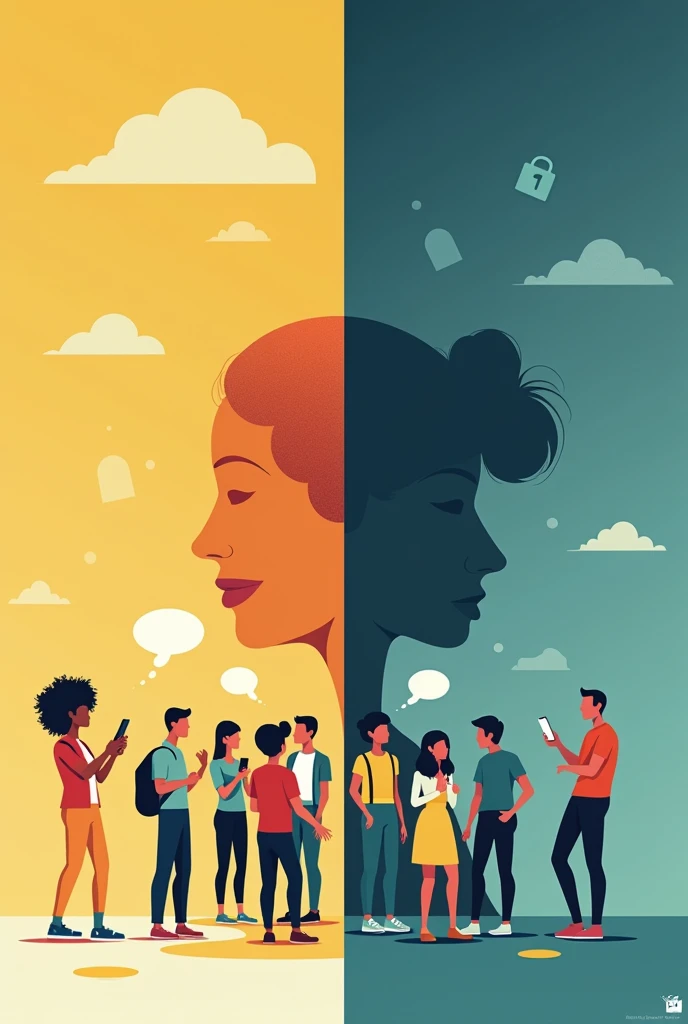 Poster about respecting privacy on social media,no words no letters,cartoons many aspects on privacy on social media make it minimalist and serious make it more understandable and more serious poster more people has a negative on the side and positive on the other side make it more engaging and make it retro stay it just like that but make it clear about the negative and positive side more clear
