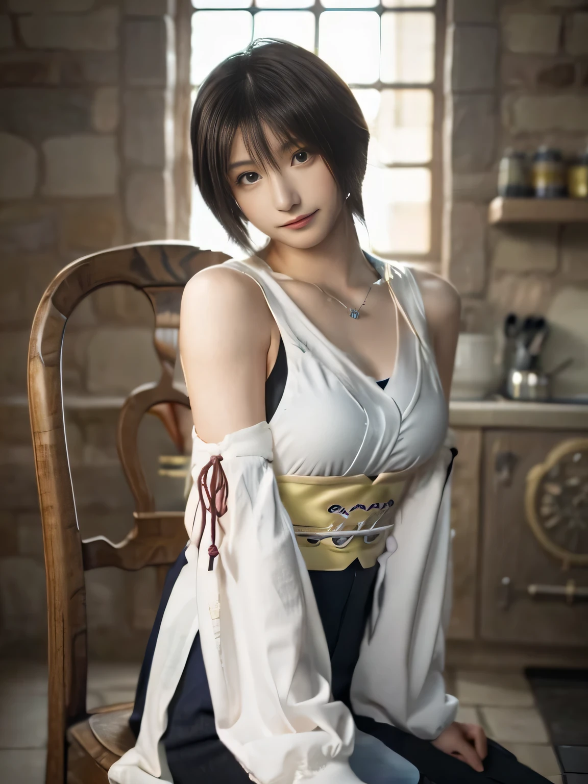 20 year old Japanese beauty,One person、Muscular body like a bodybuilder、Emphasize the breasts、Slit eyes、A head-to-toe view,Bust is very very large、The background is a medieval European kitchen、High quality photos、Clear, crisp images of the lower body、Masterpiece 8k、Smiling、Sitting on a chair and stroking a black cat、From the front, from the side, from the back, etc.々from what camera angle to shoot、FF10 Yuna's outfit、