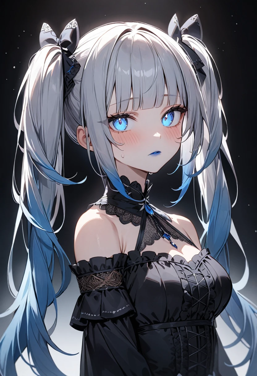 (masterpiece, top quality, very aesthetic, 4k、illustration), intricate detail, 1woman,solo,contrapposto 、from side、(tareme)、Strong glowing eyes、blunt bangs,Fair skin,(upper body)、cold face、twintails、Cold Stare、(Blue lipstick),beautiful face、Blushing,(gradient hair)、multicolored hair,middle hair,sidelock ,blue　eyes、Shoulderless gothic lolita dress、medium breasts、slender 、