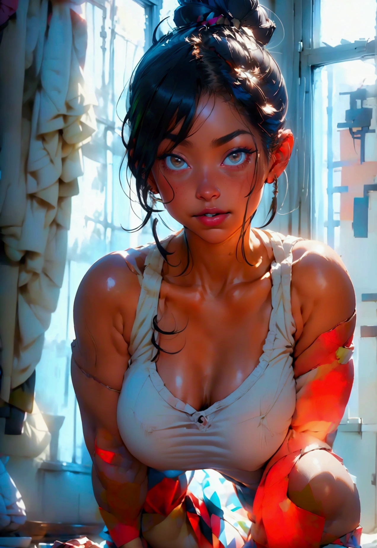 score_9, score_8_up, score_7_up, BREAK 1milf),face focus,saggy breasts, white tank top mandatory, black hairbun messy, v-neck, nude butt, barefoot,blush, Thick thighs,shiny skin, oily skin, chubby,jack o pose,in front of window,looking at viewer, happy seductive, detailed background, inside, bedroom, open window, sunlight coming from window,