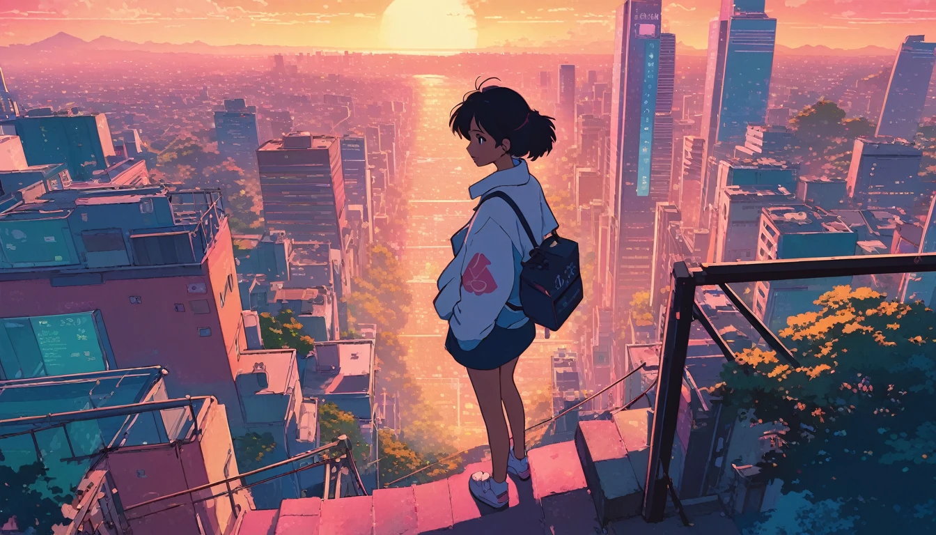 alone, lofi artstyle, lofi art, city, town, 80s anime style, Retro, Lo-Fi, masterpiece, best quality, (extremely detailed CG unity 8k wallpaper), (best quality), (best illustration), (best shadow), absurdres, realistic lighting, (Abyss), beautiful detailed glow, a woman standing on top of a tall building with a bag, walking on top of a tiny city, conrad roset and makoto shinkai, makoto shinkai cyril rolando, anime aesthetic, a beautiful artwork illustration, walking over a tiny city, anime style cityscape, anime asthetic, above city, ilya kuvshinov landscape, urban girl fanart