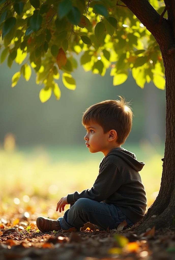 Real image of a nine-year-old boy alone and thoughtful, focusing on your imaginative gaze and mess under the shade of a small, flowerless and fruitless tree, more than there are green leaves.