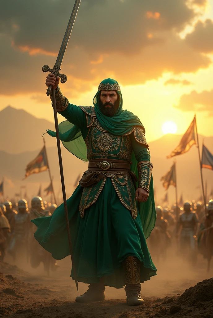 An Islami warrior with that sword wearing green dress on the front in battlefield
