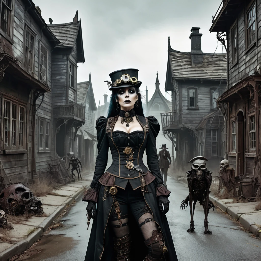 
an undead woman in a steampunk uniform searches a street of a semi-abandoned gothic village, next to her some grotesque and surreal undead characters