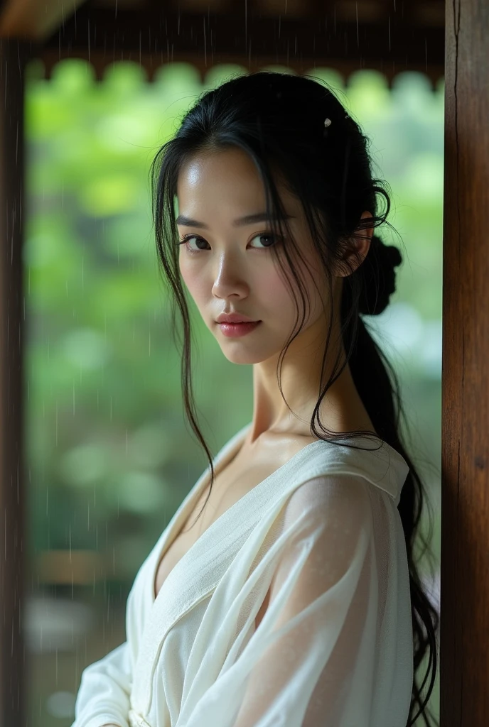 Wearing a wet, see-through white kimono、Realistic Japan woman in a temple,  Beautiful Japanese Women, Beautiful Japanese Women, Japanese Goddess, Beautiful Japanese woman face、Tie your hair、How to put on a hairpin、Mature Woman、Sexy Japanese Women、Looking into the camera、Gazing into the Eyes、Look forward、Look forward、it&#39;s raining、Beautiful clavicle、I narrowed my eyes.、single eyelid、Small eyes、Thin eyebrows、30-year-old woman、Low Nose、Thin lips、Light green lumbar girdle