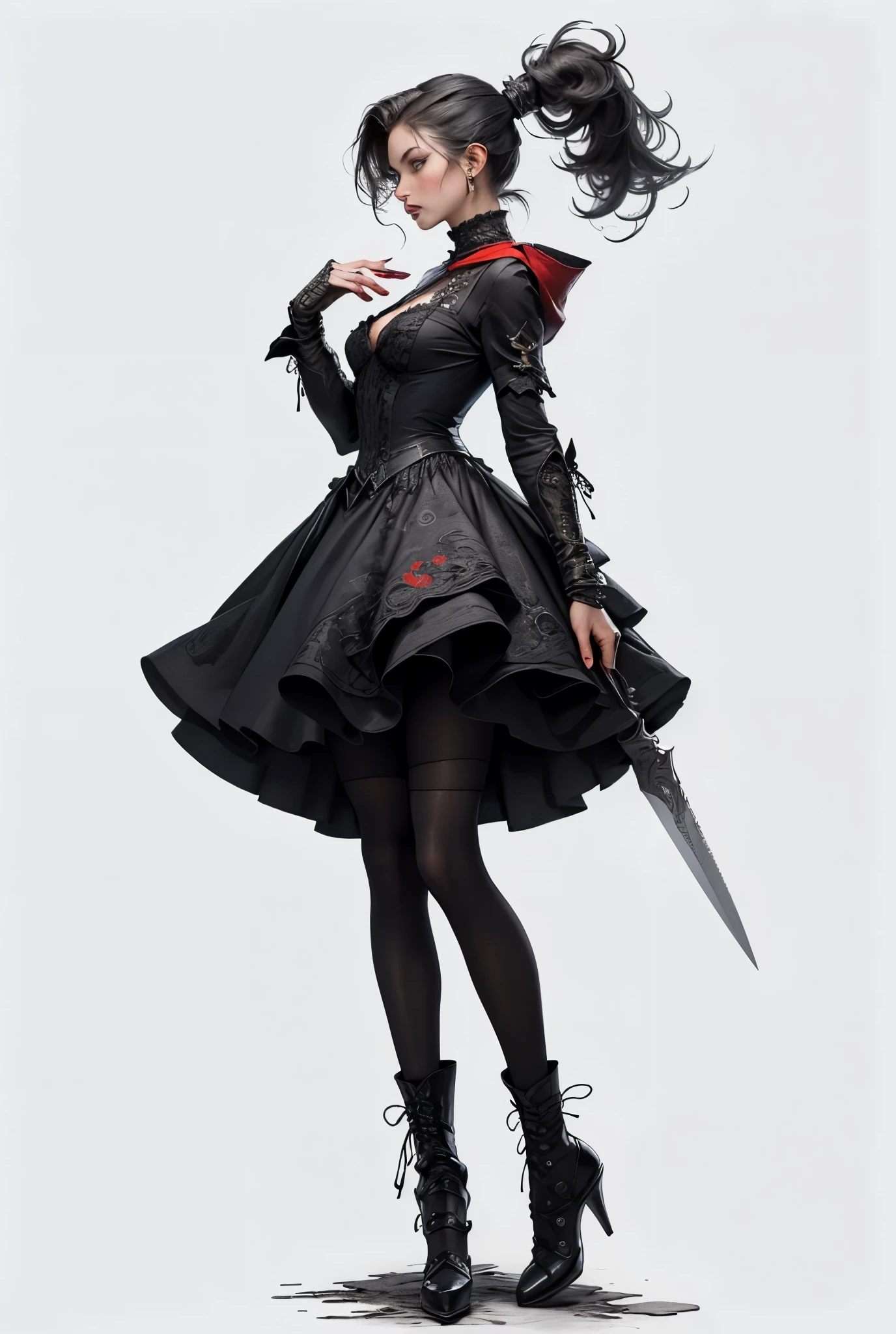 (((masterpiece, of the highest quality, super detailed))), hand drawn style, hand painted style, watercolour, sketch, a knight, white background, plain background, Bloodborne inspired, tatty Bloodborne attire, occult aesthetic, occult, tatty red and white clothing detailed and intricate steampunk and detailed gothic lolita (with a hood), long coat, very thin long legs, Complex laced boots, Fluttering lace flared long knee length dress with frilly petticoats, long dress, knee length dress, petticoats gothic lolita aesthetic, beautiful small breasts, (((( Highly detailed face))), small thin nose, Small thin lips mouth, (((Very sharp focused eyes))), Very large slit precision pale grey eyes that shine like jewels. ((dark hair)), ((long ponytail, thick ponytail, heavy ponytail)), very long eyelashes, white background, Very dramatic and cinematic lighting, tatty damaged old red and white clothing, full body, whole body, body, cosmic horror, grim dark