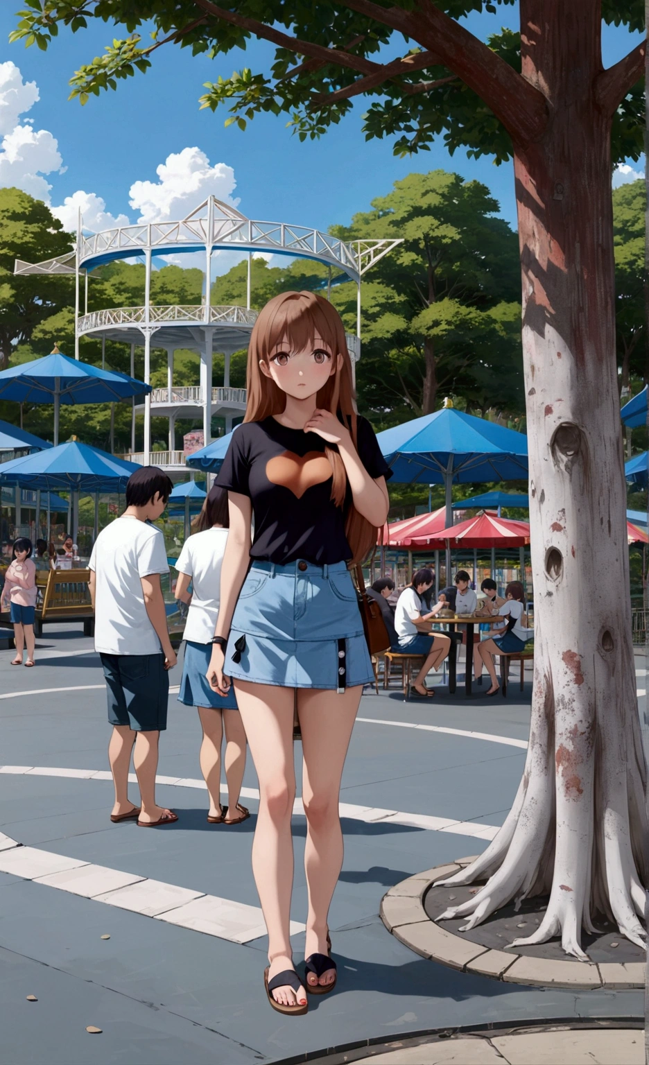 realistic anime illustration of beautiful young woman is under the big tree at amusement theme park, she has brown long hair, she wearing black t-shirt, light-blue denim a-line mini skirt , and black sandals, front view, looking at viewer, (1girl, solo, full body), (masterpiece, best quality, japanese anime style), (expressive eyes, perfect face)
