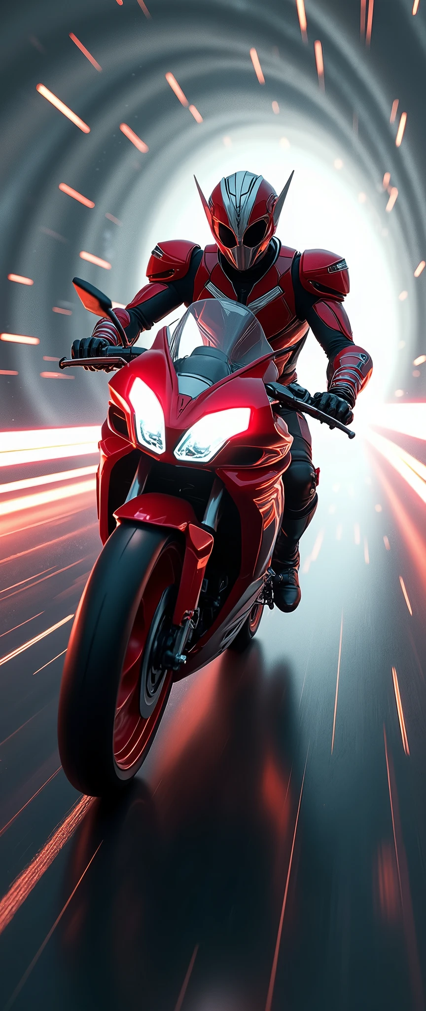 (masterpiece,8k,wallpaper),(Ray Tracing),(sf:2.0),(cyber punk:2.0),(Kamen Rider riding a motorcycle:2.0),(Red Kamen Rider with an eagle motif:2.0),(Motorcycle in the style of Kamen Rider),(Camera footage from the front of the aircraft:2.0),(Warping motorcycle:2.0),(Expressing superluminal speed with a beautiful white line of light:2.0),(The background is a wormhole:2.0),(VFX:2.0,CG:2.0),(Motion Blur)
