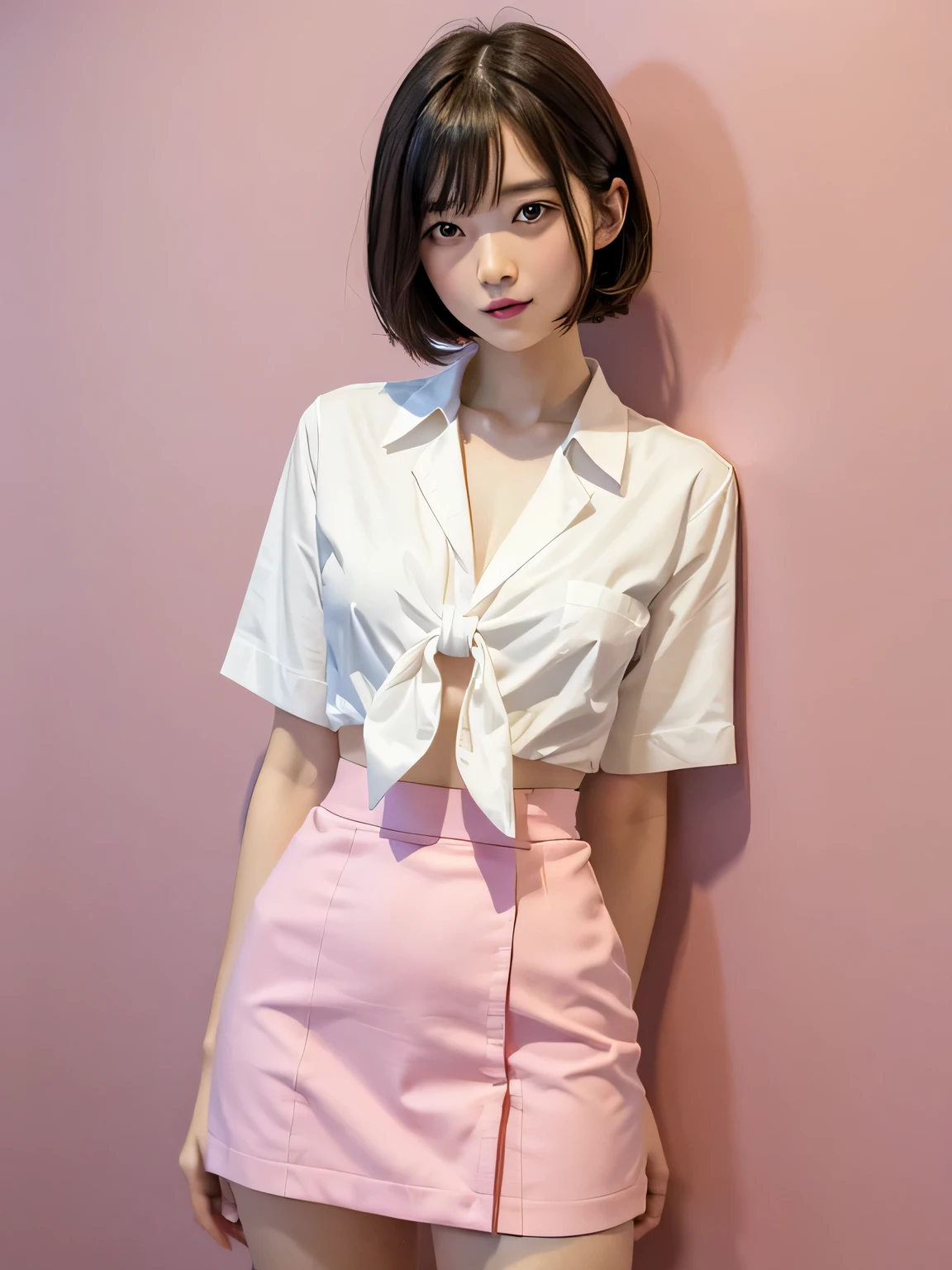 (Highest quality、8k、32K、masterpiece、Hmph:1.2)、Pink Wall、sexy、Age 25、Cute Japan woman photo、ショートBobcut、sexy、thin、slender、(Bobcut)、(Small breasts)、double eyelid、White shirt、Red tie、Green mini skirt、Thighs、Pink wall、whole body、smile、sexy、Thighsが見える