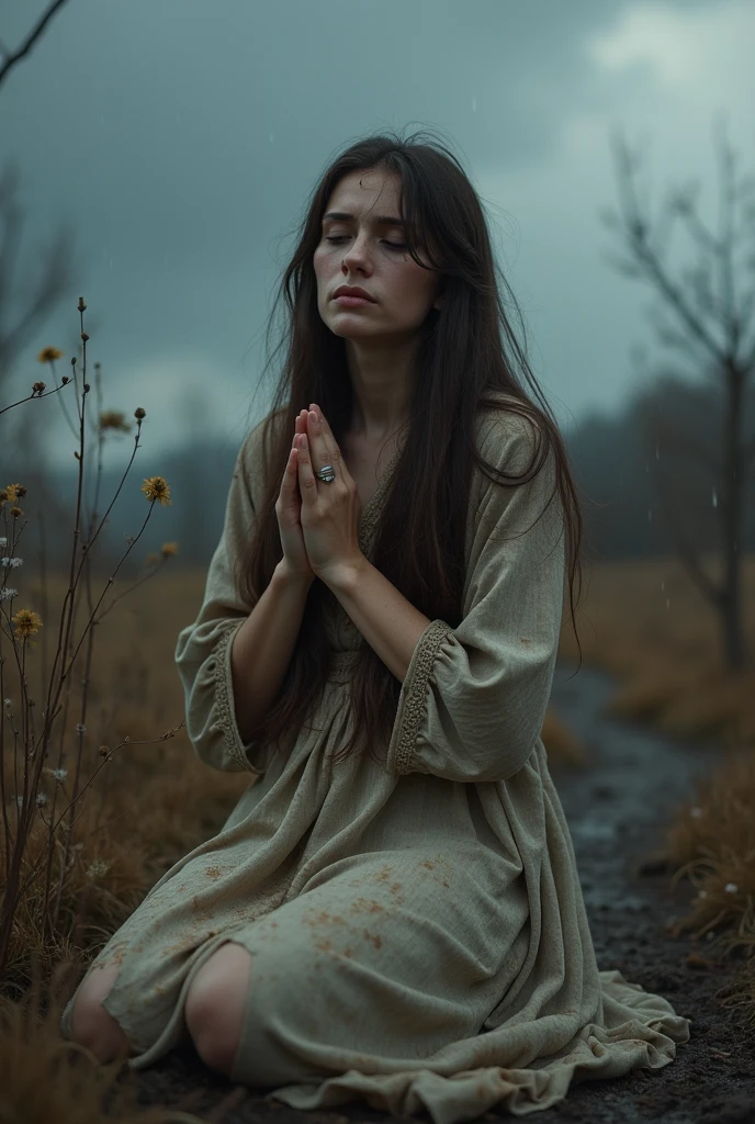 Generate a sad picture of a women kneeling and saying sorry