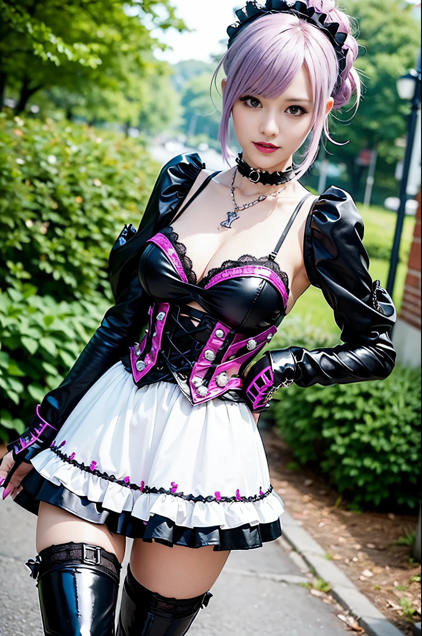 sexy stylish female model, only 1 female, ((doll-like appearance)), short purple stylish hair, ((shiny Punk-Style boots)), (big smile), ultra detailed eyes, Punk makeup, lip-gloss, ((sexy Punk ta cosplay)), unconventional skirt, petticoats, high neckline, ((ultra detailed lace)), ((ultra detailed embroidery)), intricate details, tartan patterns, safety pins, Punk Loliccessoires, short black gloves, Punk Lolita cr, ((large sparkling Punk Lolita jewel, cinematic light, detailed large park background with trees