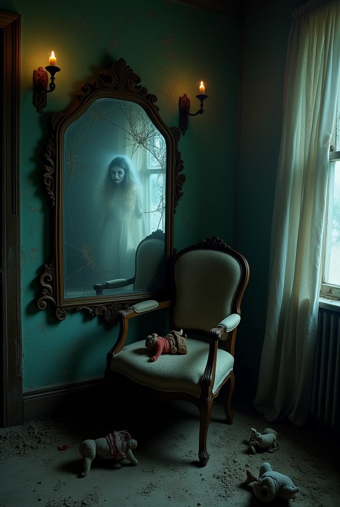 In a dimly lit, decaying room of an old, abandoned mansion, a cracked mirror hangs crookedly on a peeling wall. The glass is fogged and distorted, reflecting a flickering candlelight that casts eerie shadows. On the floor, scattered around the room, are tattered remnants of once-grand furniture and old, dusty toys. In the mirror’s reflection, faintly visible behind the haze, is a ghostly figure with hollow eyes and a twisted, mournful expression, barely discernible but unmistakably present. The air is thick with an unsettling chill, and the only sound is the faint, mournful creak of the old house settling in the night.
ChatGPT can make mistakes. Check important info.