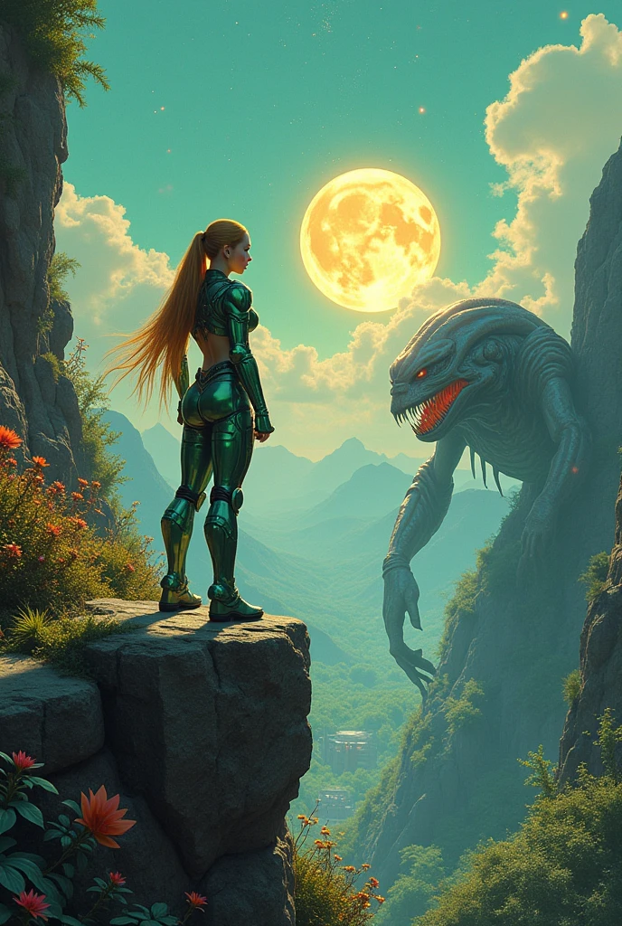 a samus aran look alike in a fantasy world meeting a hostile alien