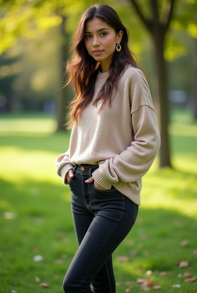 (masterpiece:1.2, best quality), 1lady, solo, upper body, big tits, Dark wash skinny jeans, oversized sweater, ankle boots, Loose waves, center part, simple hoop earrings, green Park