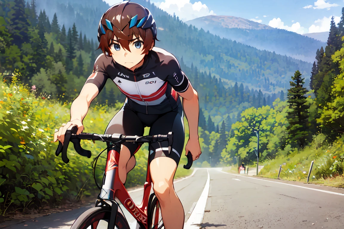 ride a bicycle, One Man, (Keiichi_maebara), Brown Hair, blue eyes, ((aero cycling helmets)), Cycle pro team wear, Mountain trail, Road race, lush scenic landscape, Fresh breeze, Highlands, white line, Run through, grow, Natural Beauty