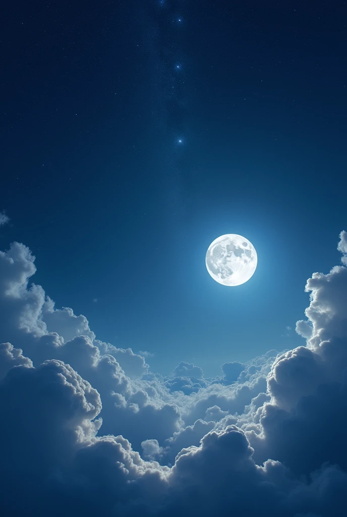 clouds, The night sky is filled with stars,and a brightly shining moon, creating an almost realistic painting.