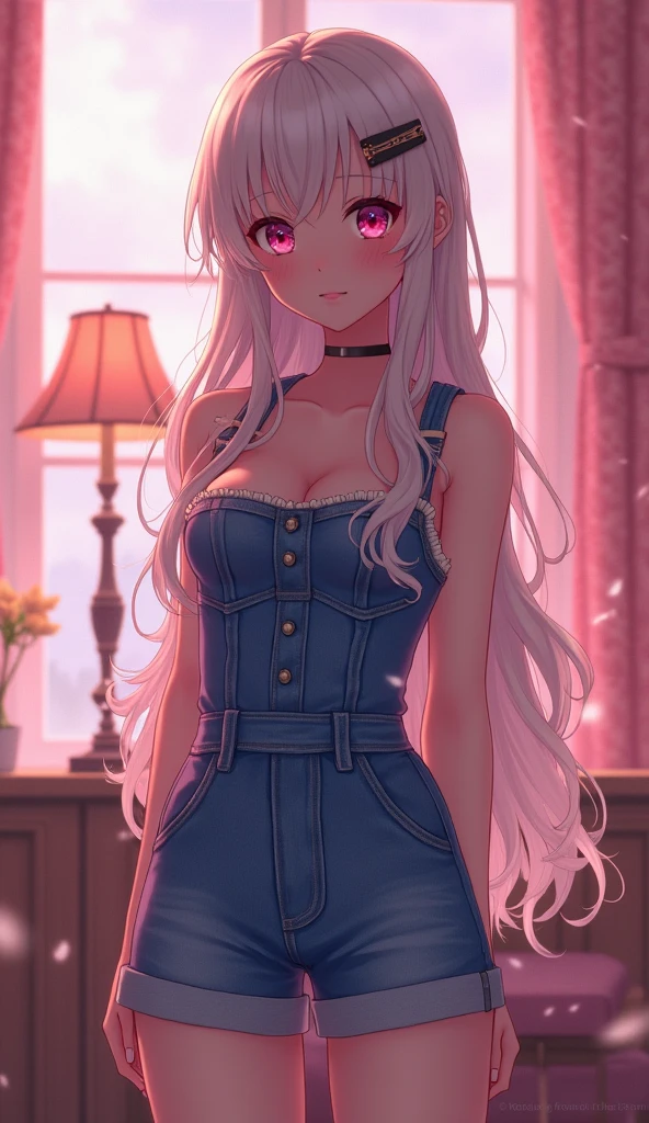 photorealistic,Realistic illustration in Modelshoot style,((masterpiece)),((The best quality)),((Ultra Quality)),((ultra detailed)),((1girl long white hair)),((Only)),((waifu:1.5)),Perfect anatomy,perfect hands,beautiful cuerpo,beautiful_method,ulzzang-6500-v1,e-chica,((Exceptionally Beauty Waifu Princess)), blonde wavy hair, gradient hair, pink highlights in hair, big breasts, standing, makeup, glossy lips, full lips, (natural lighting), in room, night, cute denim short jumpsuit, shy smile, belly, collarbone, in love, cute gesture,((bright-pink_eyes)),long wavy hair, ((white hair)),hair clips,eyeliner,cute makeup,lipstick,Glossy lipstick,with a look of terror, worry and sadness,((eyes detallados perfectos)),rainy with fog outside,evening,pink theme,bioluminiscencia,light particles,((Extremely CG Unity 8K Wallpaper)),((cinematic lighting,Best quality lights)),intricate details,Suave,sharp focus,Extremely beautiful and aesthetic,Octane rendering,Full length portrait,damp skin,((Perfect detailed body)),
