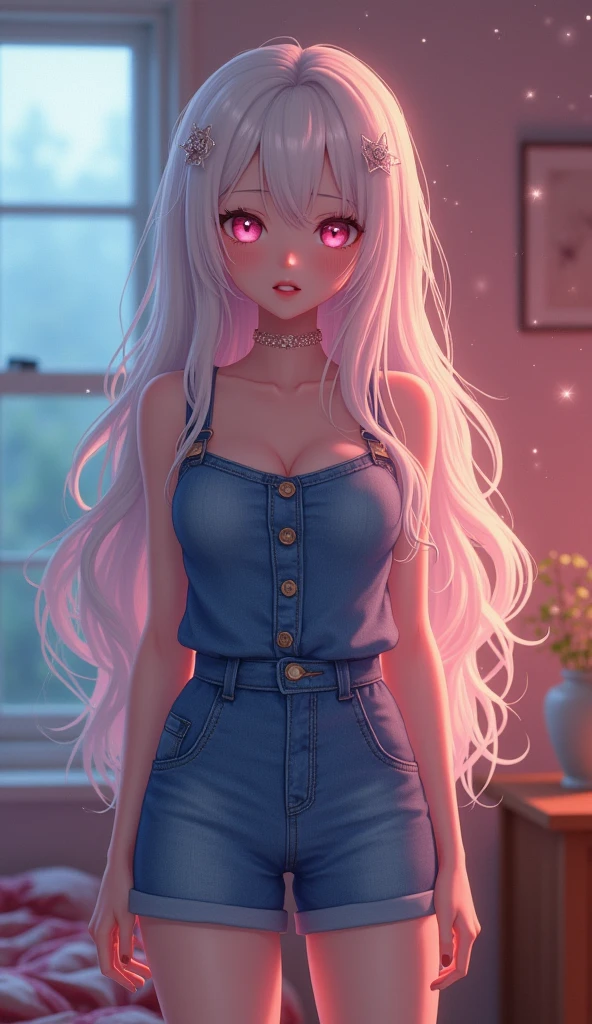 photorealistic,Realistic illustration in Modelshoot style,((masterpiece)),((The best quality)),((Ultra Quality)),((ultra detailed)),((1girl long white hair)),((Only)),((waifu:1.5)),Perfect anatomy,perfect hands,beautiful cuerpo,beautiful_method,ulzzang-6500-v1,e-chica,((Exceptionally Beauty Waifu Princess)), blonde wavy hair, gradient hair, pink highlights in hair, big breasts, standing, makeup, glossy lips, full lips, (natural lighting), in room, night, cute denim short jumpsuit, shy smile, belly, collarbone, in love, cute gesture,((bright-pink_eyes)),long wavy hair, ((white hair)),hair clips,eyeliner,cute makeup,lipstick,Glossy lipstick,with a look of terror, worry and sadness,((eyes detallados perfectos)),rainy with fog outside,evening,pink theme,bioluminiscencia,light particles,((Extremely CG Unity 8K Wallpaper)),((cinematic lighting,Best quality lights)),intricate details,Suave,sharp focus,Extremely beautiful and aesthetic,Octane rendering,Full length portrait,damp skin,((Perfect detailed body)),