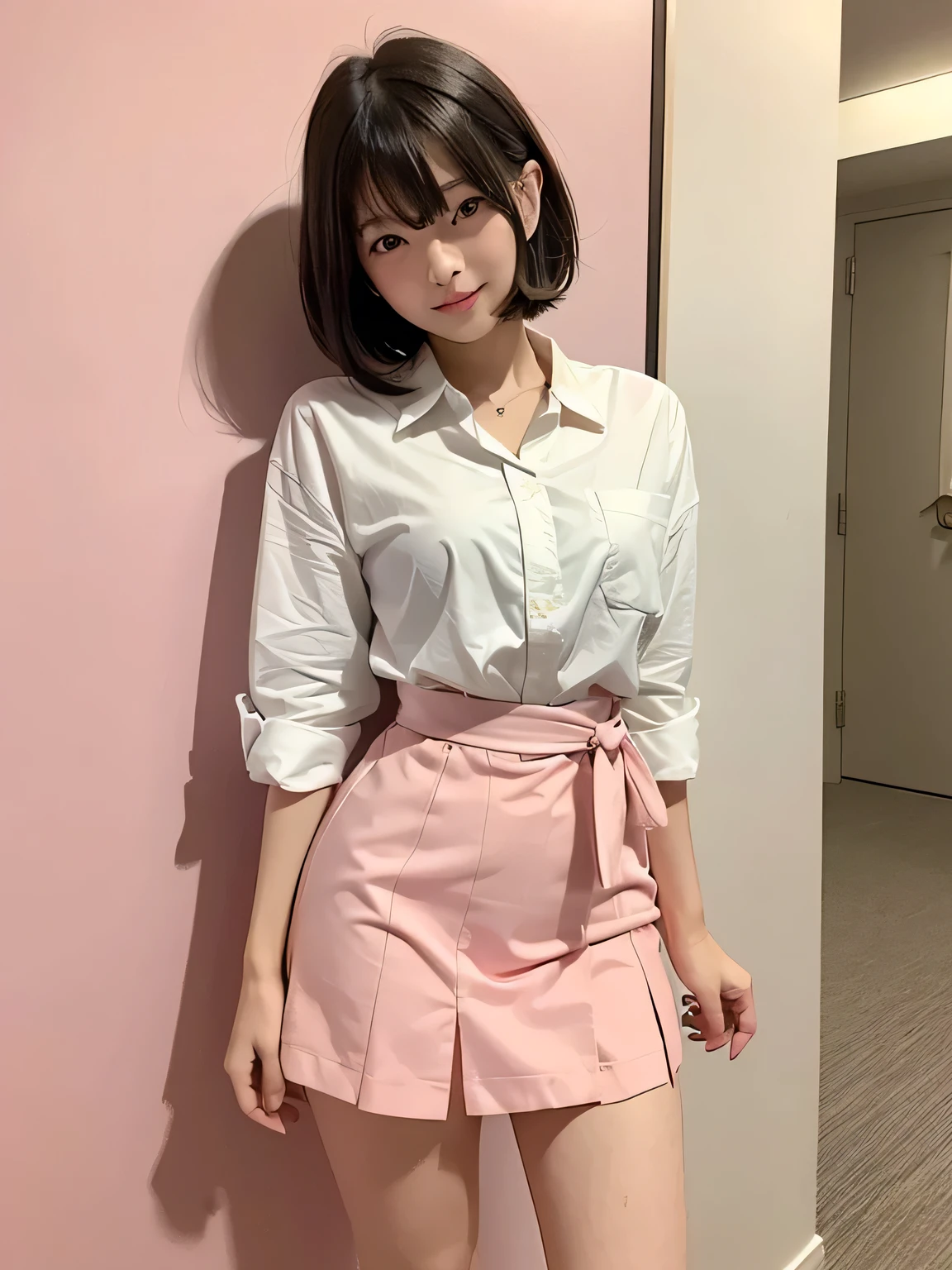 (Highest quality、8k、32K、masterpiece、Hmph:1.2)、Pink Wall、sexy、Age 25、Cute Japan woman photo、ショートBobcut、sexy、thin、slender、(Bobcut)、(Small breasts)、double eyelid、White shirt、Red tie、Green mini skirt、Thighs、Pink wall、whole body、smile、sexy、Thighsが見える