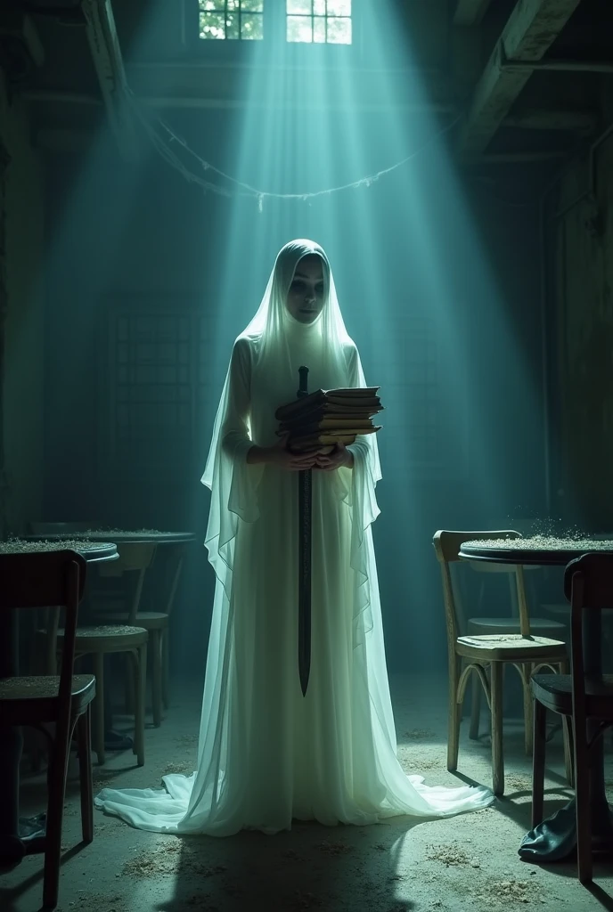 beautiful 20 year old girl ghost 
keeping books in one hand and in another had sward Teras coming from her eye. Standing in Castro Cafe of Jamia University. There is no one other than her in cafe. Cafe looks horror 