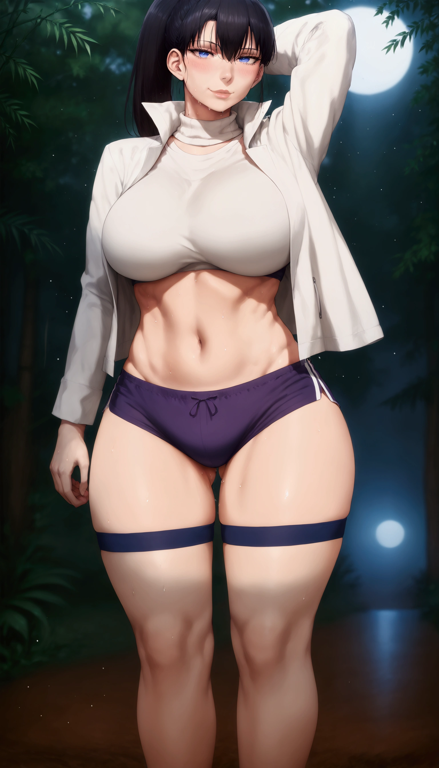 Asura style, (hero neisan style:0.7), score_9, score_8_up, score_7_up, score_6_up, uncensored, akira toudou, black hair high ponytail, blue eyes, hair between eyes, BREAK (detailed eyes:1.5), (perfect hands, perfect anatomy), Anime Style, Manga Style, Hand drawn, cinematic, Sharp focus, humorous illustration, big depth of field, Masterpiece, concept art, trending on artstation, Vivid colors, Simplified style, trending on ArtStation, trending on CGSociety, Intricate, Vibrant colors, Soft Shading, Simplistic Features, Sharp Angles, Playful, excessive sweating, sweating profusely, sweating drop BREAK, huge breasts, shoes, dolphin shorts, sneakers, purple shorts, short shorts, coat, open coat, midriff peek, thighs, turtleneck, long coat, white coat, sweater, long sleeves, white sweater, nature, forest, bamboo forest, bokeh, spotlight, seductive smile, blush, lips, standing, arm behind head,