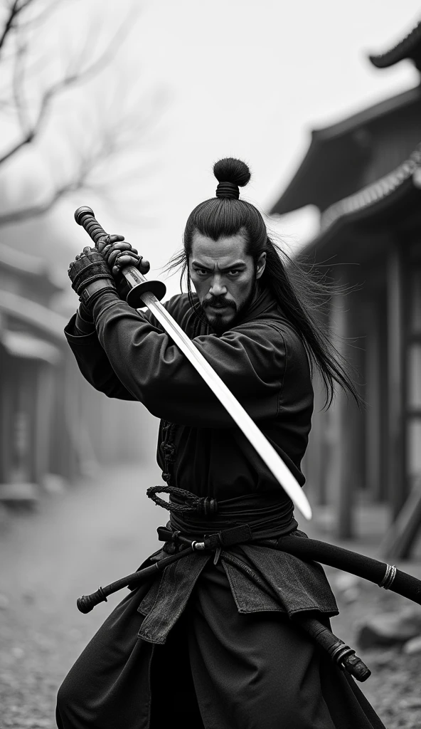 professional Black and white photography, samurai movie poster, A man swinging down a sword, anatomically correct sword grip, a samurai, Miyamoto Musashi, samurai man vagabond, Ronin, Kimono and Hakama, Japanese warrior, A murderous expression with clenched teeth, Yojimbo, Akira Kurosawa, background is Deserted Village, bokeh effect, depth of field, hyper Realistic, Professional photography, Cinema Lighting