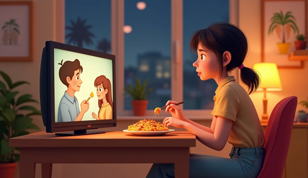 An 22 year old girl  eating her dinner and watching tv animated ,3d render  wearing trouser and shirt 