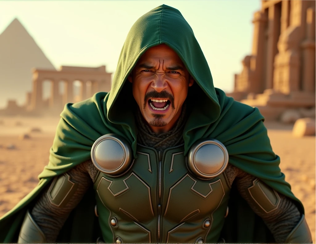 robert downey jr as doctor doom , face full of rage and fury expression, wearing a dark green hooded cloak with futuristic suit armor , ancient temple ruins in dessert background , face full of expression , sharply in focus , clear facial features, Cinematic, f/1.8, accent lighting, global illumination --uplight --v 4 , blurry background
