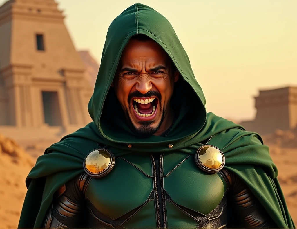 robert downey jr as doctor doom , face full of rage and fury expression, wearing a dark green hooded cloak with futuristic suit armor , ancient temple ruins in dessert background , face full of expression , sharply in focus , clear facial features, Cinematic, f/1.8, accent lighting, global illumination --uplight --v 4 , blurry background