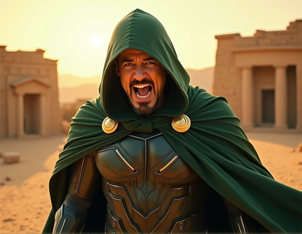 robert downey jr as doctor doom , face full of rage and fury expression, wearing a dark green hooded cloak with futuristic suit armor , ancient temple ruins in dessert background , face full of expression , sharply in focus , clear facial features, Cinematic, f/1.8, accent lighting, global illumination --uplight --v 4 , blurry background