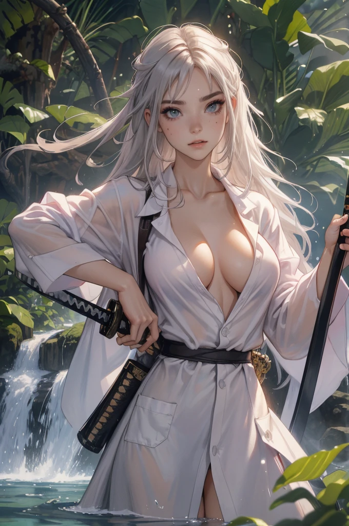 (lifelike, high - resolution:1.3), 1 girl with a perfect body,slender body, Super fine face and eyes,assasin, dark makeup, shiny skin,white hair,((torn and ripped jungle clothes underneath lab coat), Expose cleavage, extravagant makeup, pink eyeshadow, dark makeup shocked expression, shiny skin, action pose, extravagant makeup, leopard print, lab coat, savage lands, feral lands, (waterfall, soaked), grey blue eyes, (disheveled hair), (((wielding katana)))