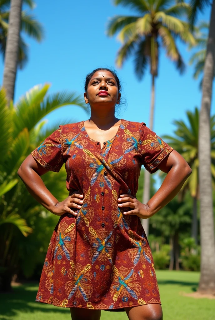 Sri lankan annty, on short school dress, face up , no smile, hands on hip