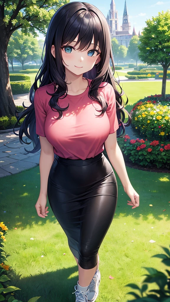 masterpiece, best quality, high detail, beautiful woman, wavy hair, dark blue hair, pink t-shirt, black maxi pencil skirt, long tight black skirt, sneakers, looking at viewer, wide eyed, garden, park, tree, smile, walking