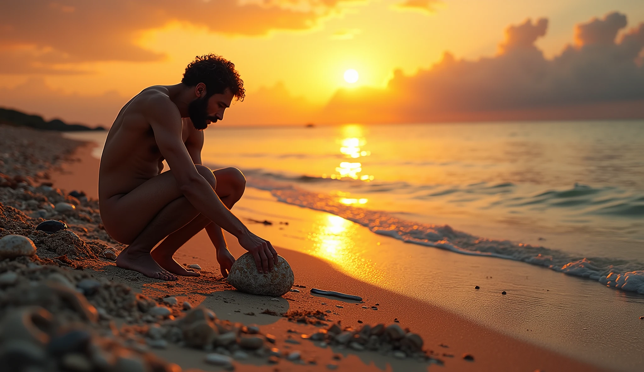 Holocene period, primitive man
Neanderthal
naked on a remote beach  at sunset with many oysters, Seashells, fish bones and on the ground , catando Seashells na areia, dead fish on the sand, pilhas de Seashells perto